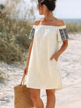 Athleta Boho Off Shoulder Dress | Beach Vacation Resort Tunic Cream Embroidered